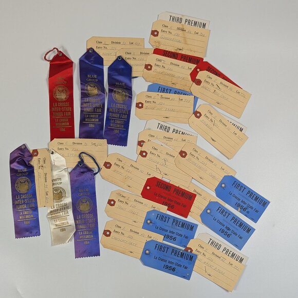1956 La Crosse Wisconsin Inter State Junior Fair Entry Tags & Award Ribbons - Picture 1 of 7